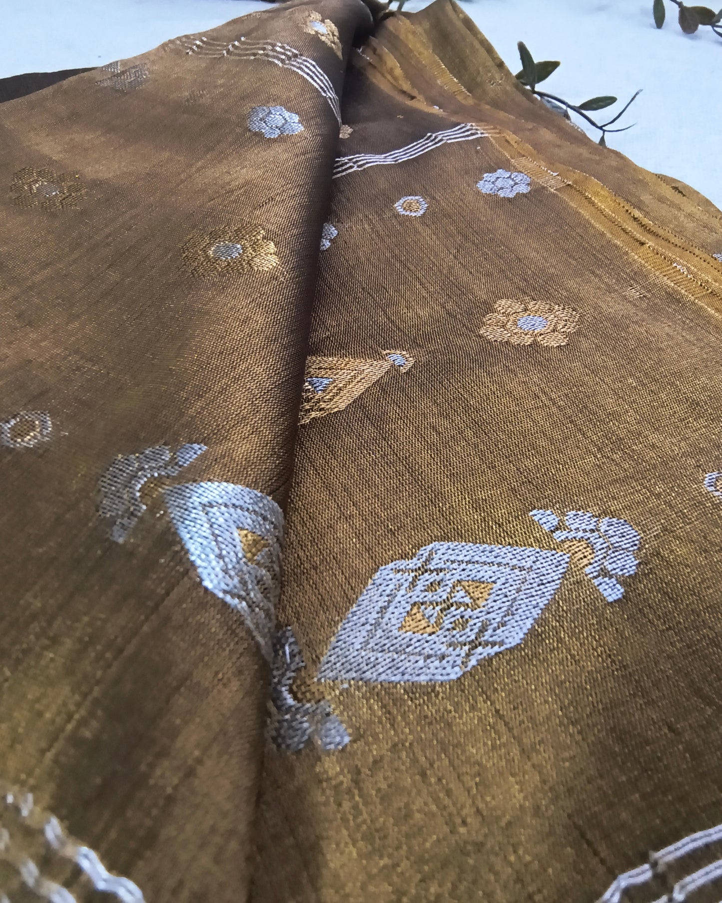 Soft Linen Tissue Saree with Golden Silver Zari weaving - Golden Brown