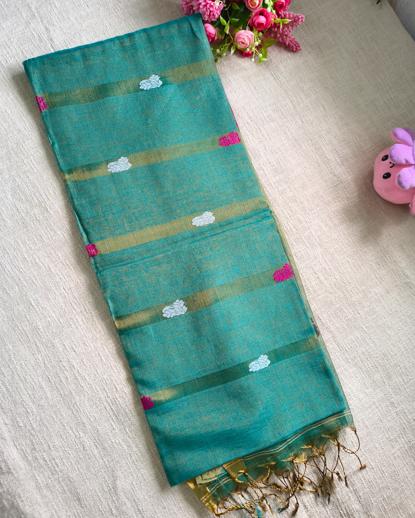 Handloom Tissue Linen with Jamdhani Weaving Buttas - Turquoise