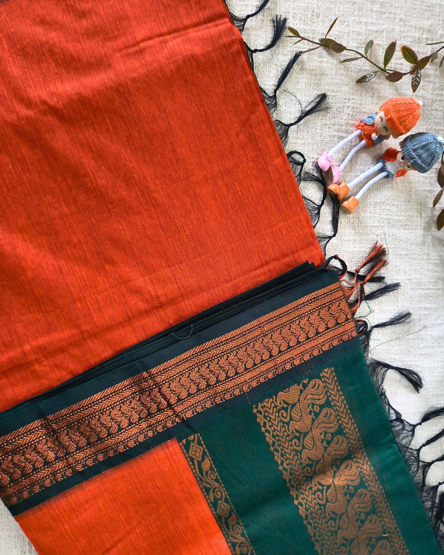 Premium Kalyani Cotton Plain Saree with Zari Border - Orange