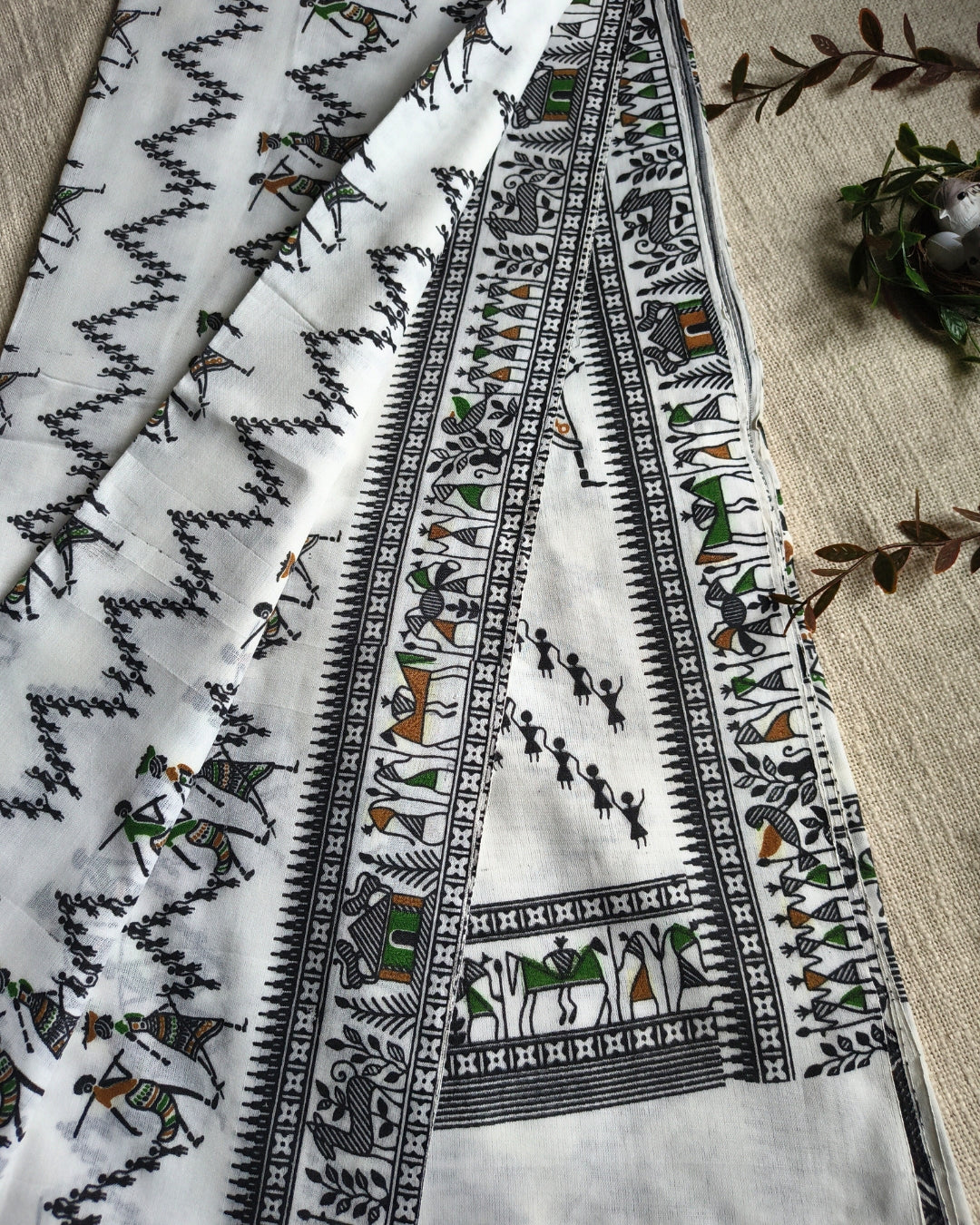Khadi Cotton Handloom Saree - Madhubani Design - White