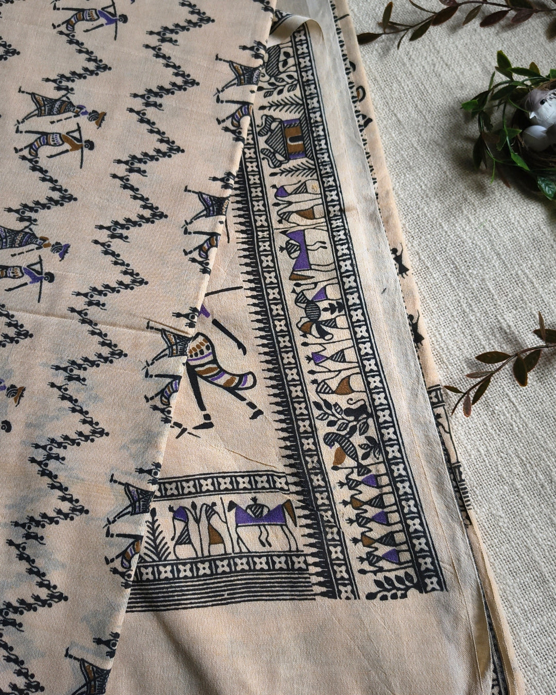 Khadi Cotton Handloom Saree - Madhubani Design - Sandal