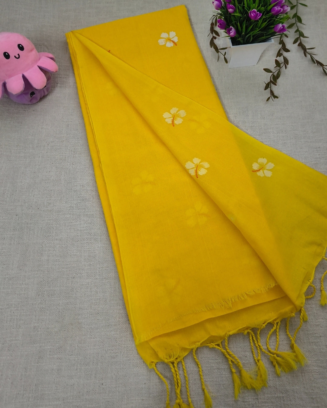 Khadi Cotton Handloom Saree Floral Painted - Yellow