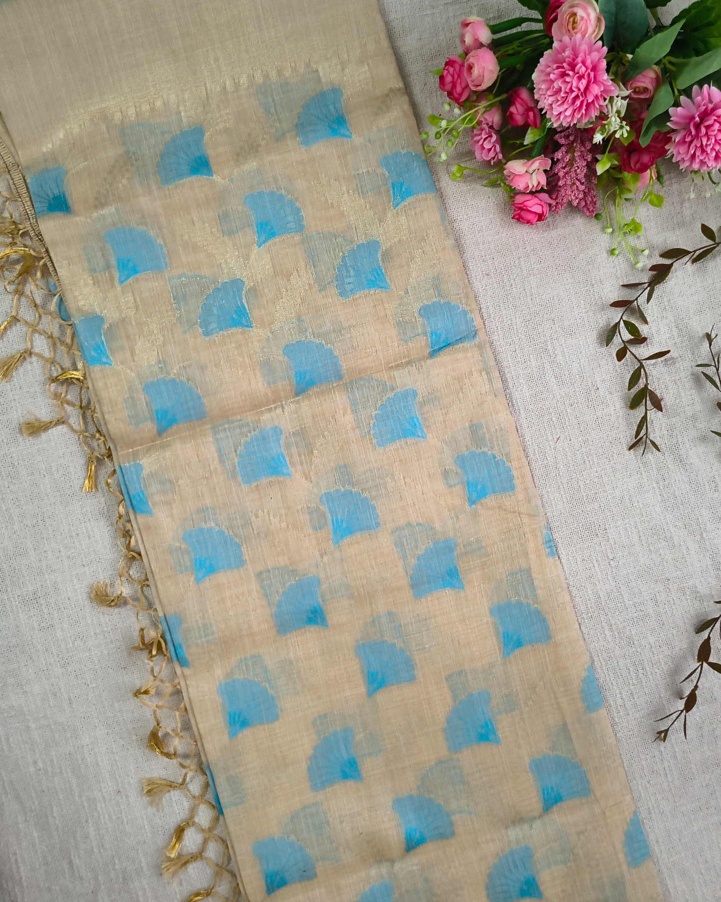 Semi Silk Saree with floral deisgn - Beige & Blue