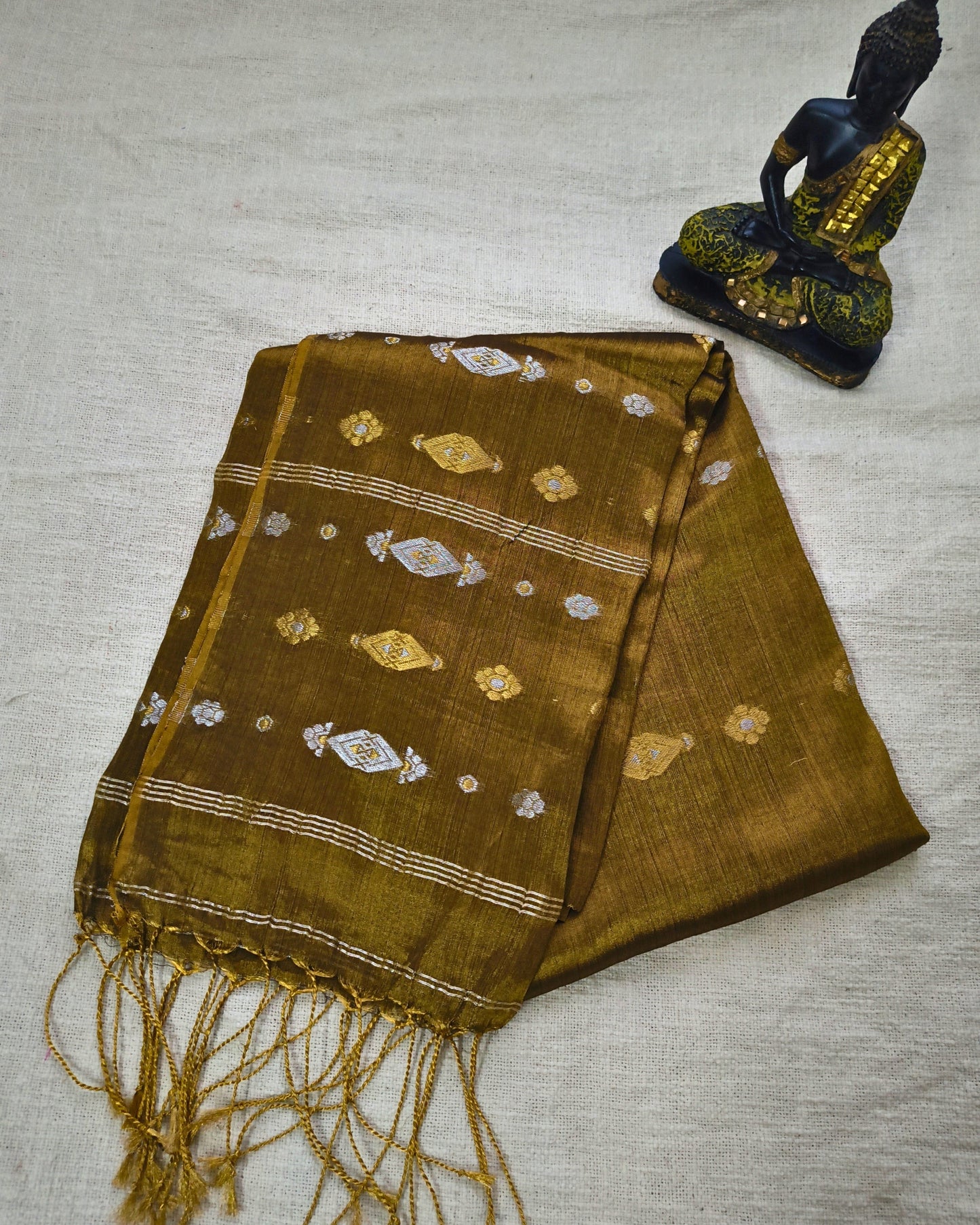 Soft Linen Tissue Saree with Golden Silver Zari weaving - Golden Brown