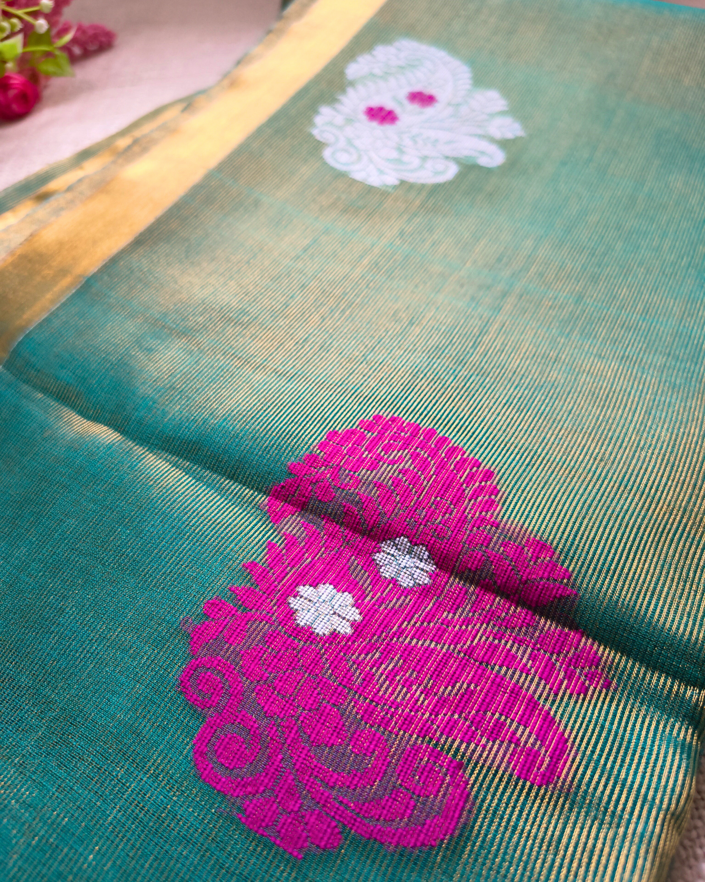 Handloom Tissue Linen with Jamdhani Weaving Buttas - Turquoise