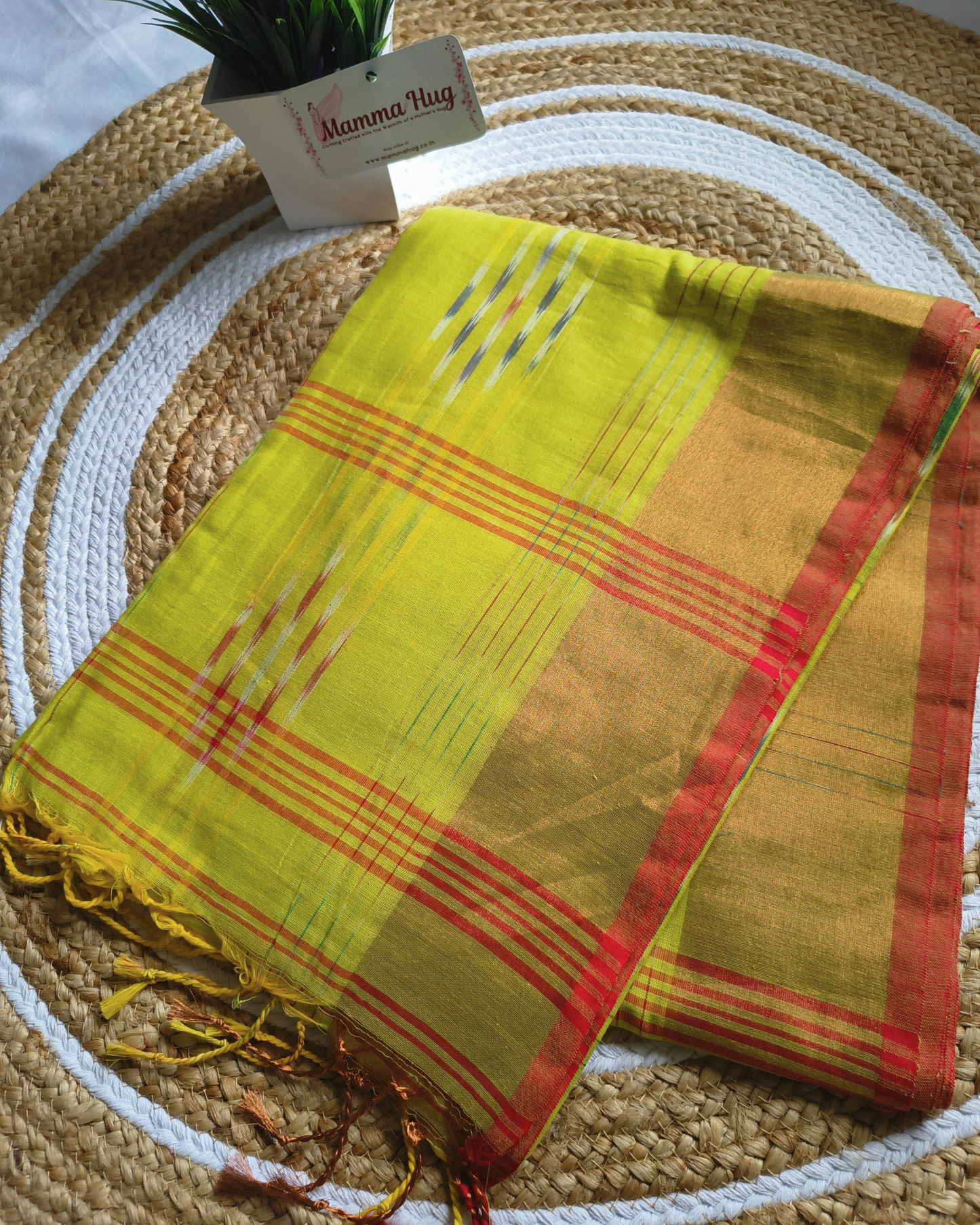 Pure Cotton Handloom Saree with Ikkat Design - Parrot Green