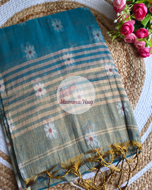 Handloom Cotton Tissue Saree with Machine Embroidery Design - Sea Blue