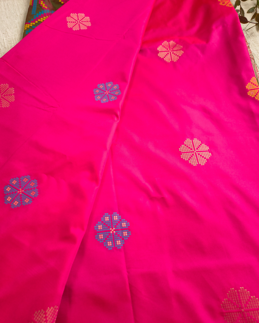 Pure Silk Saree with Contrast Pallu and Butta - Rani Pink