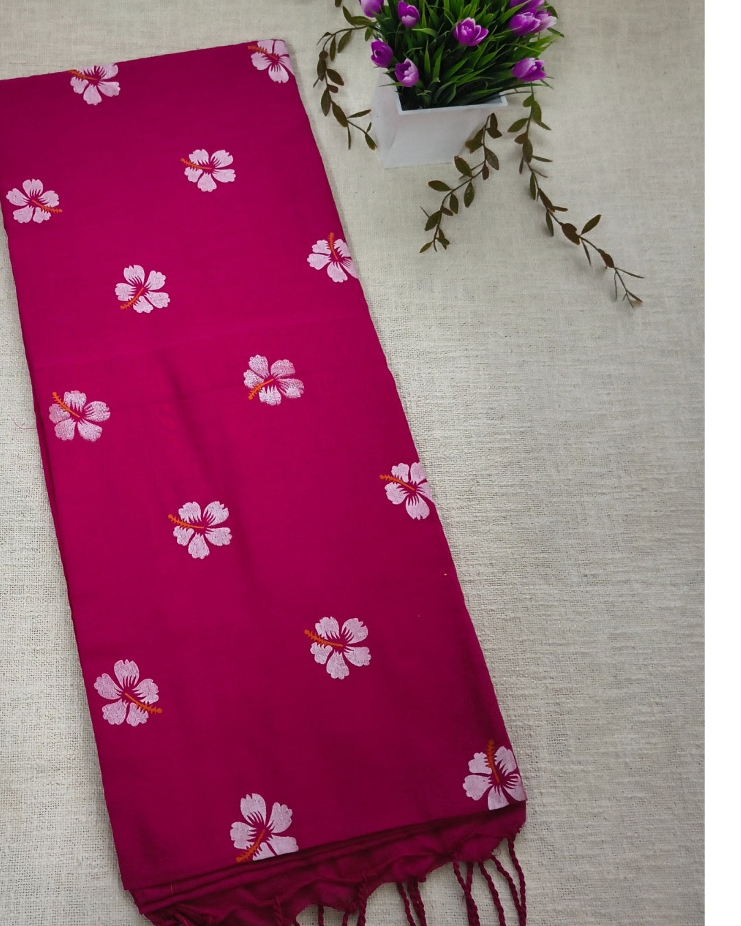 Khadi Cotton Handloom Saree Floral Painted - Light Magenta