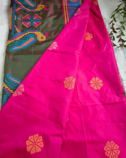Pure Silk Saree with Contrast Pallu and Butta - Rani Pink