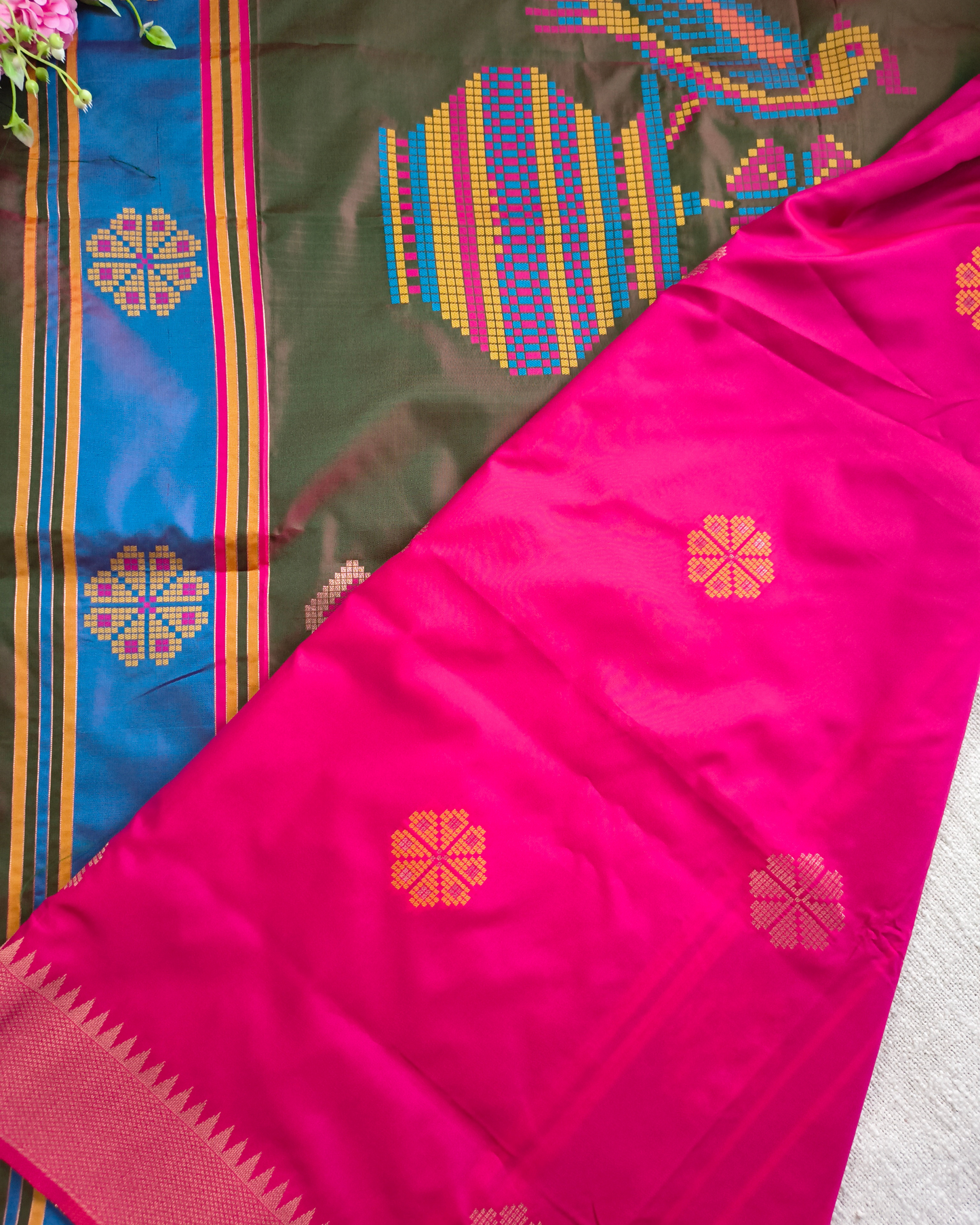 Pure Silk Saree with Contrast Pallu and Butta - Rani Pink