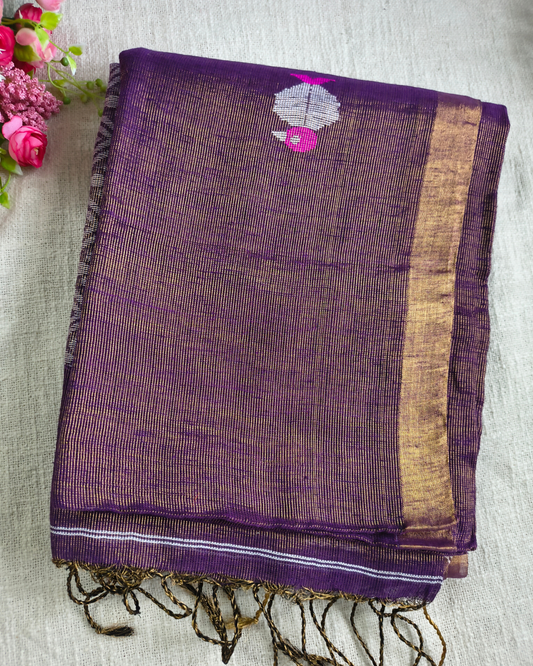 Pure Linen with Copper Zari Weaving & Jamdhani Buttas - Dark Purple