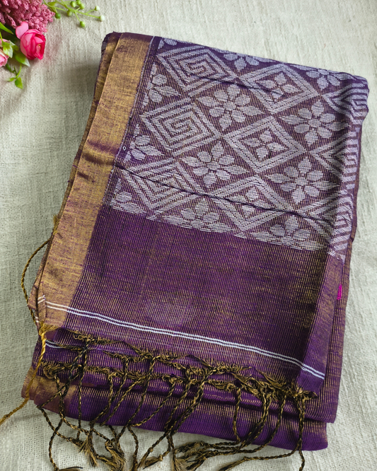 Pure Linen with Copper Zari Weaving & Jamdhani Buttas - Dark Purple