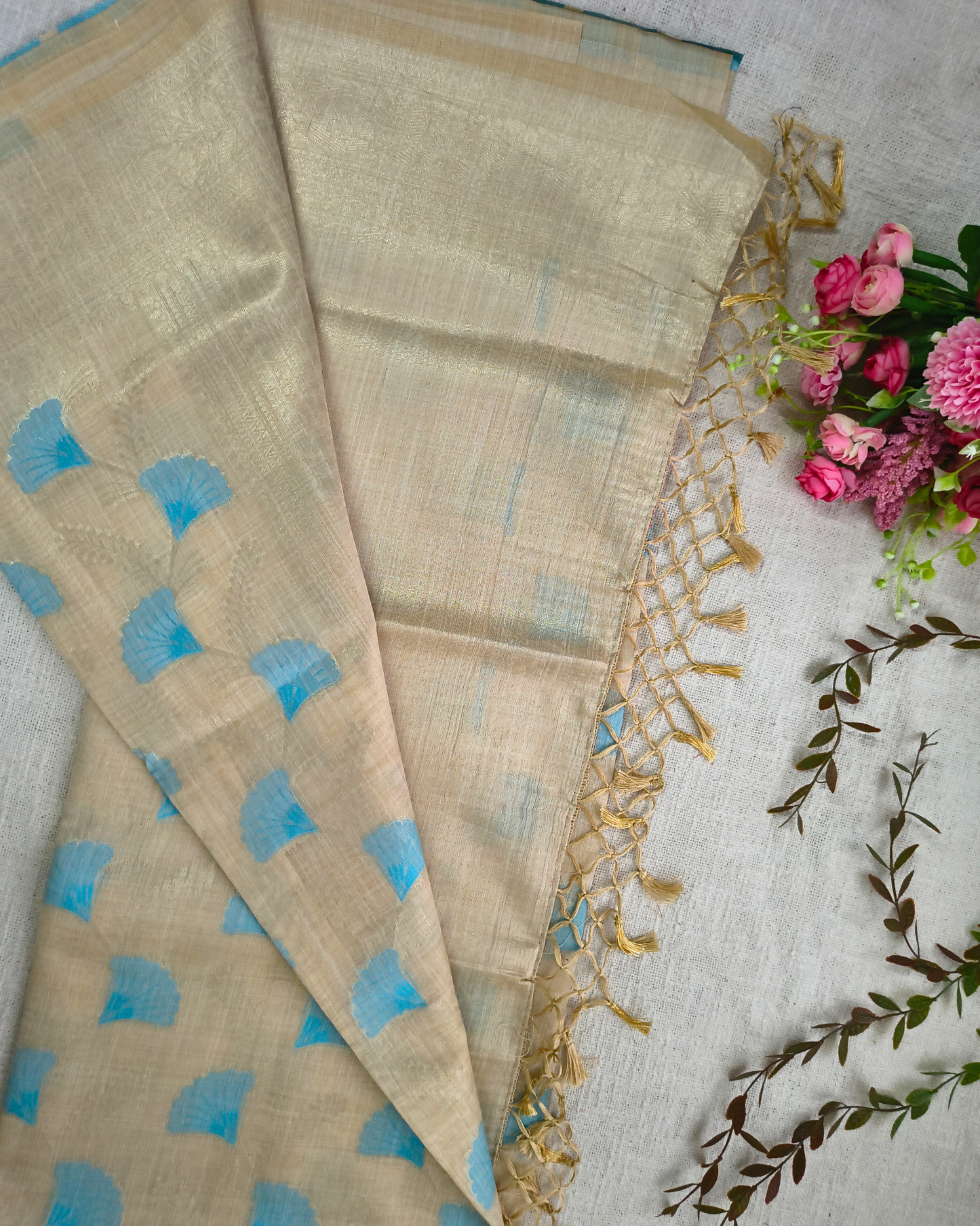 Semi Silk Saree with floral deisgn - Beige & Blue