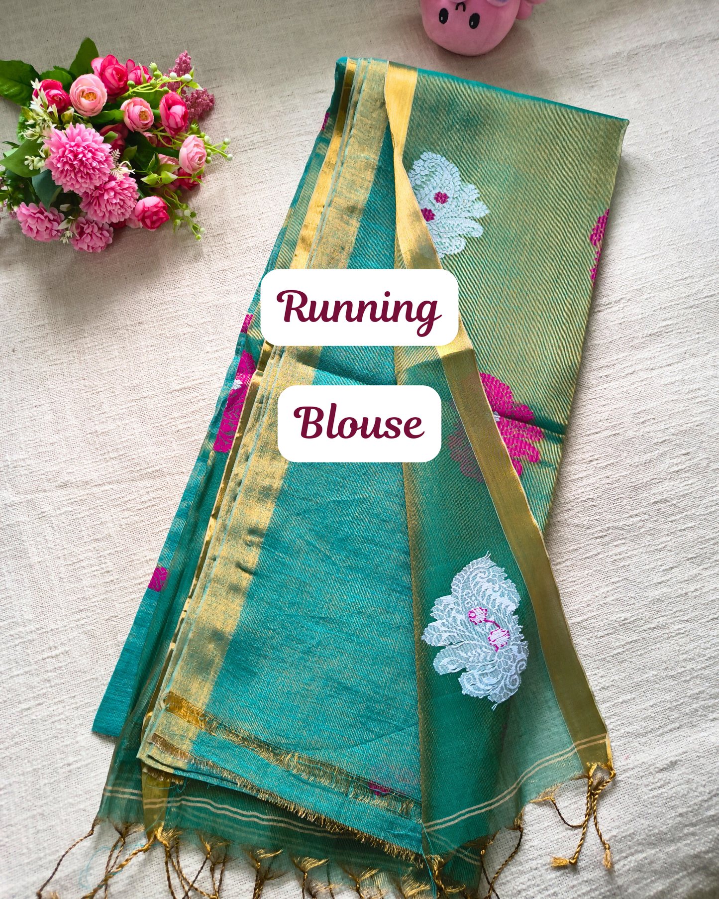 Handloom Tissue Linen with Jamdhani Weaving Buttas - Turquoise