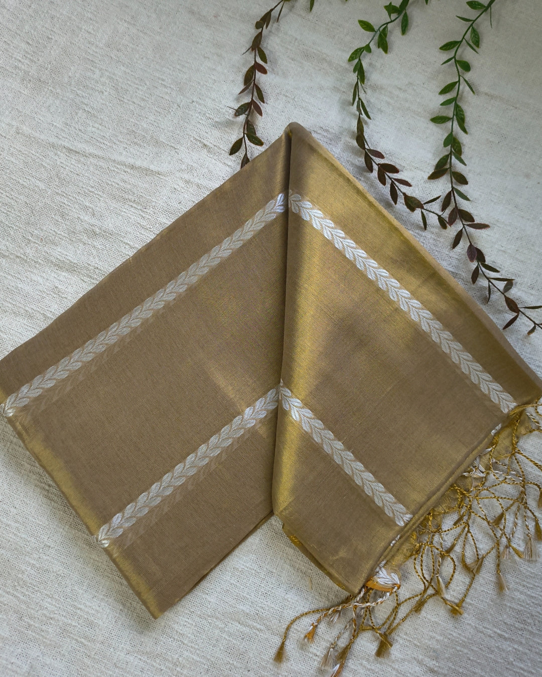 Soft Linen Tissue Saree with Golden Zari weaving - Golden