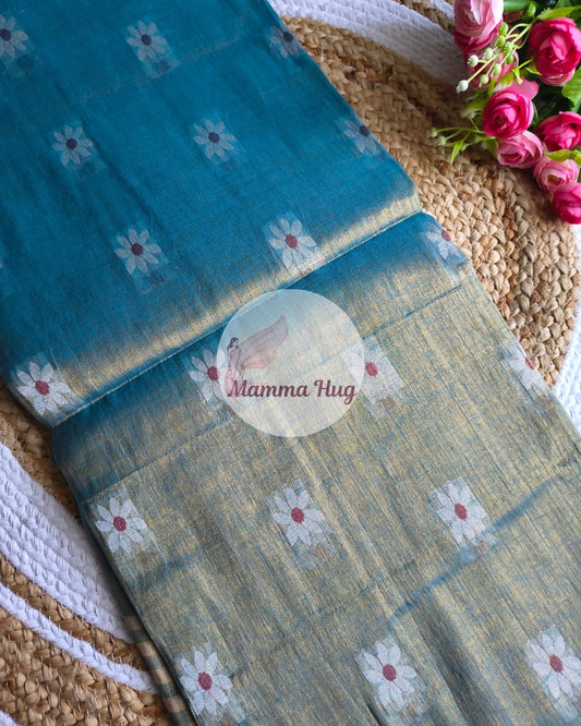 Handloom Cotton Tissue Saree with Machine Embroidery Design - Sea Blue