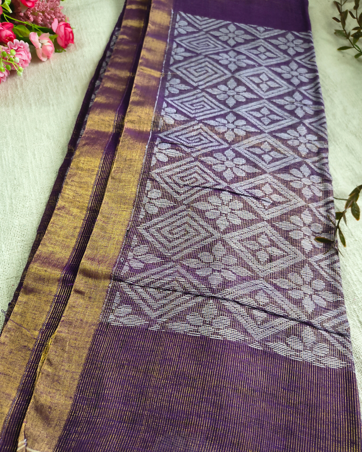 Pure Linen with Copper Zari Weaving & Jamdhani Buttas - Dark Purple