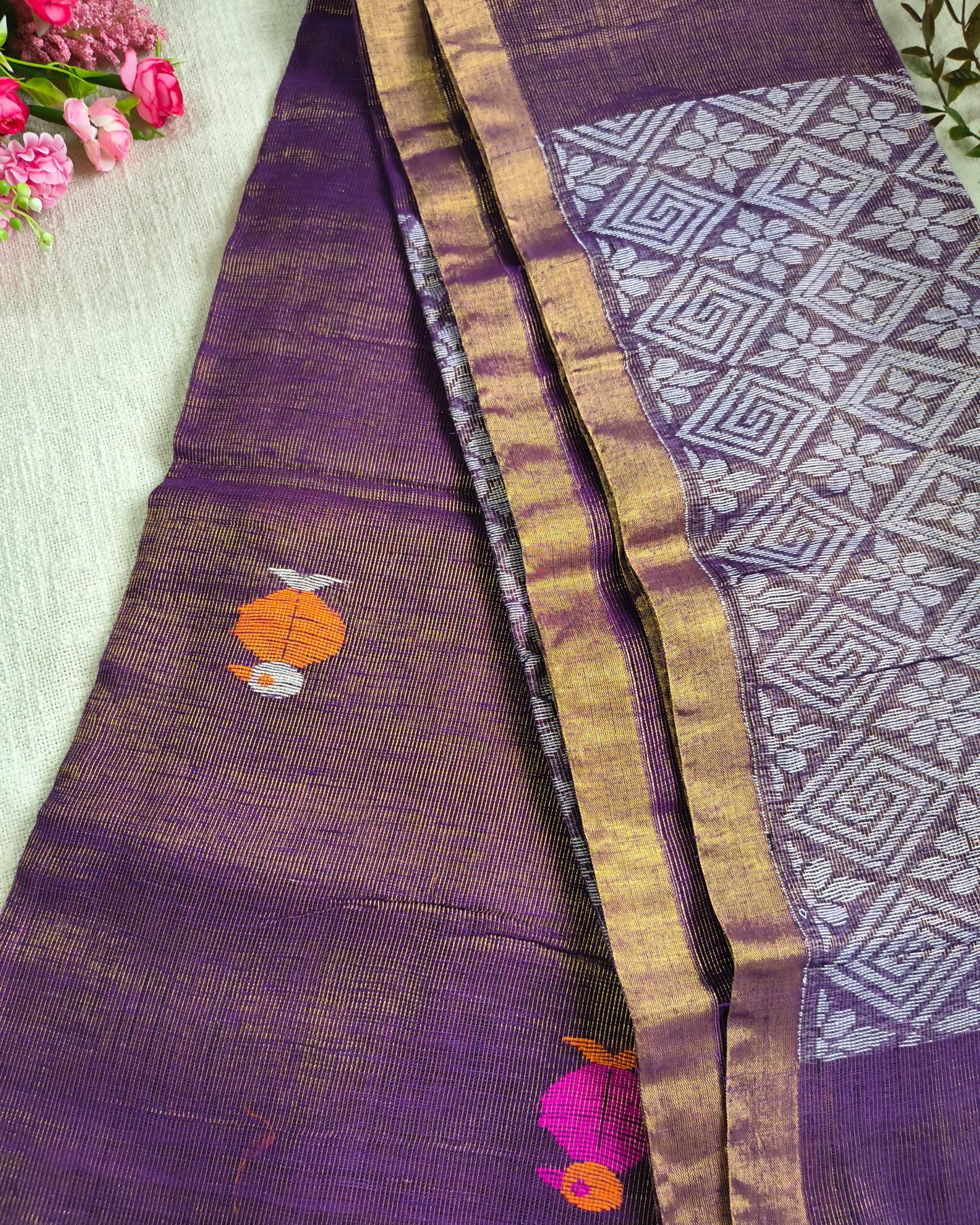 Pure Linen with Copper Zari Weaving & Jamdhani Buttas - Dark Purple