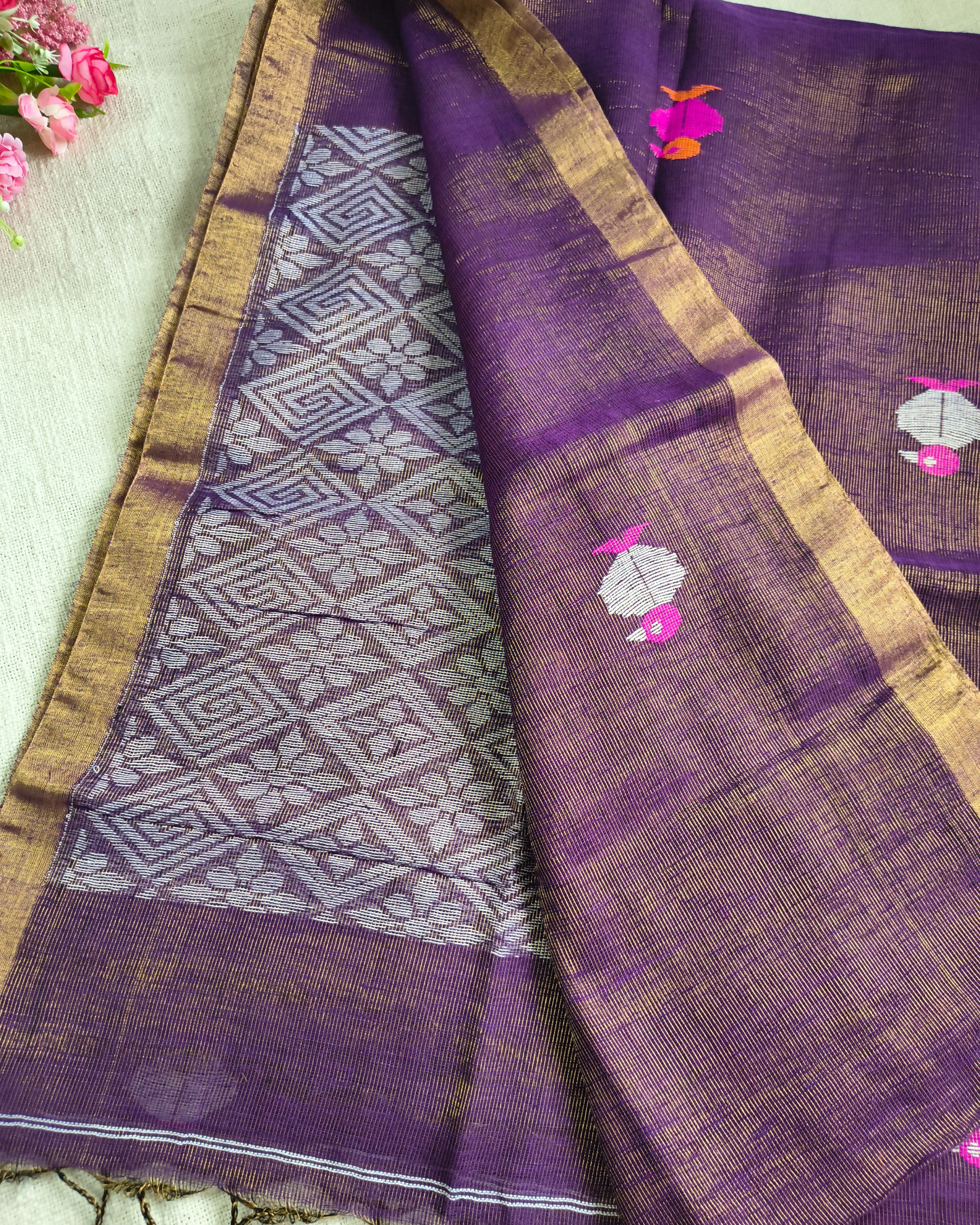 Pure Linen with Copper Zari Weaving & Jamdhani Buttas - Dark Purple