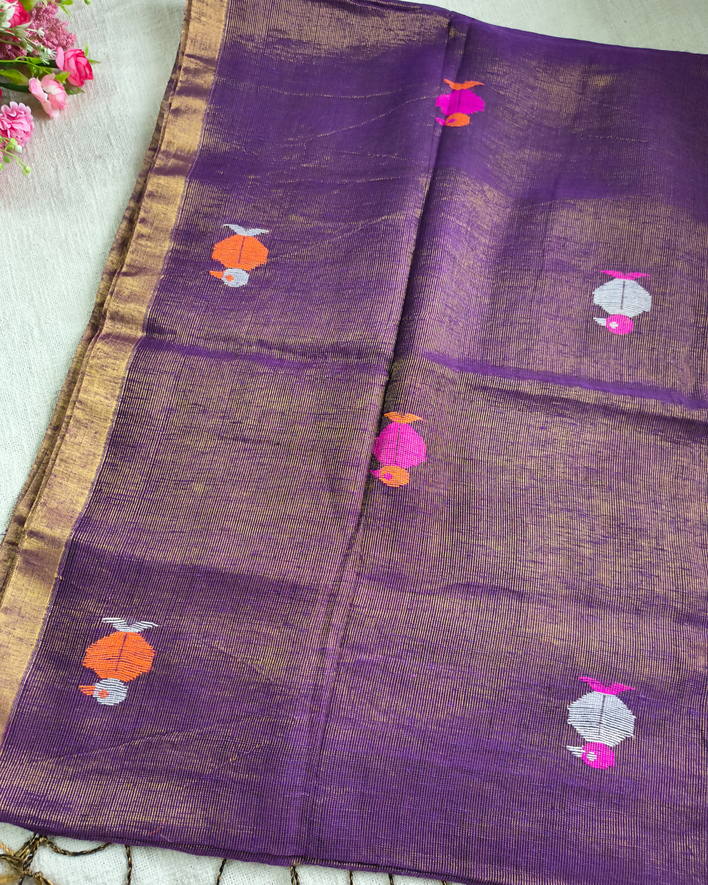 Pure Linen with Copper Zari Weaving & Jamdhani Buttas - Dark Purple