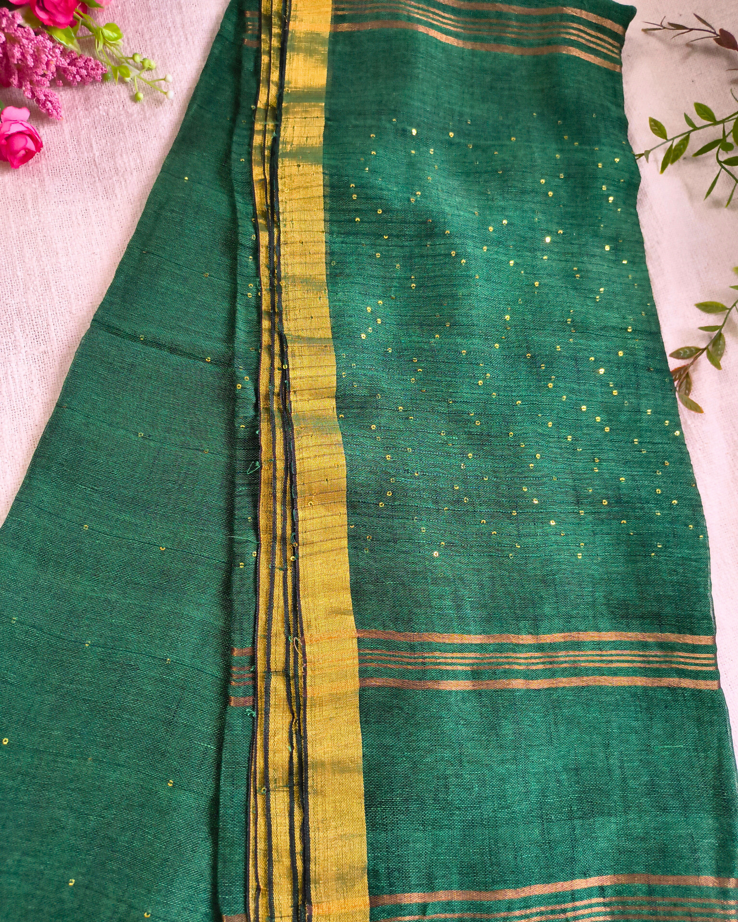 Premium Linen By Linen Handloom Saree - Bottle Green
