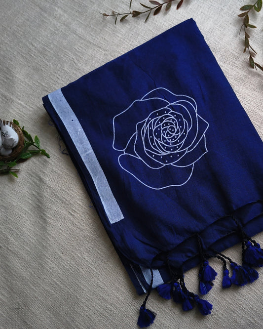 Khadi Cotton Handloom Saree with Printed Floral Design - Navy Blue