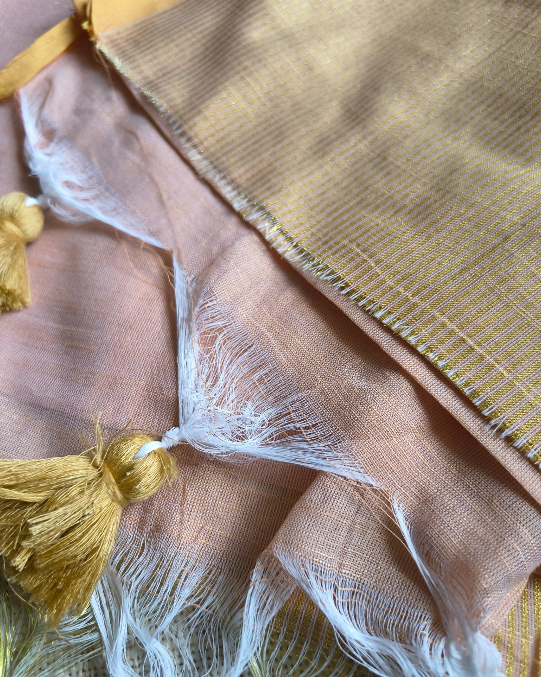 Pure Cottom Handloom Saree with Gold Zari weaving in Half & Half Pattern - Sandal