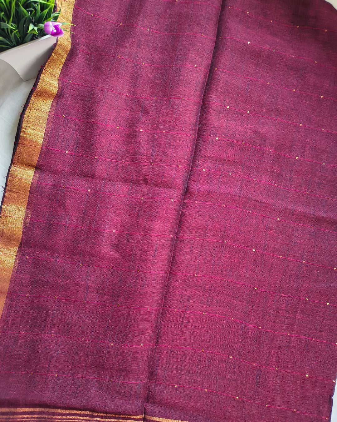 120s Linen by Linen Saree with Hand Woven Sequins - Maroon MammaHug