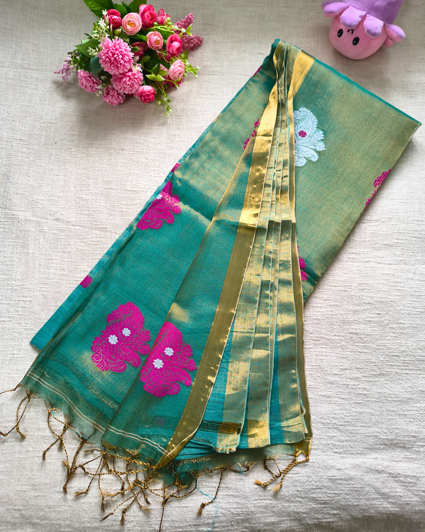 Handloom Tissue Linen with Jamdhani Weaving Buttas - Turquoise