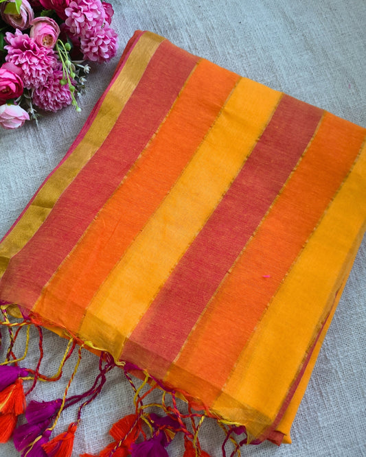 Premium Rainbow Mul Cotton Handloom Saree with Beautiful tassels - Yellow