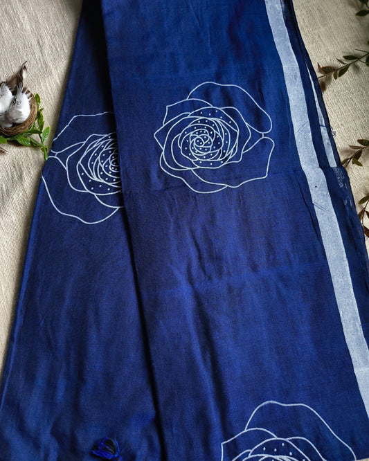 Khadi Cotton Handloom Saree with Printed Floral Design - Navy Blue