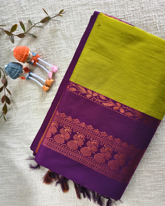 Premium Kalyani Cotton Plain Saree with Zari Border - Parrot Green
