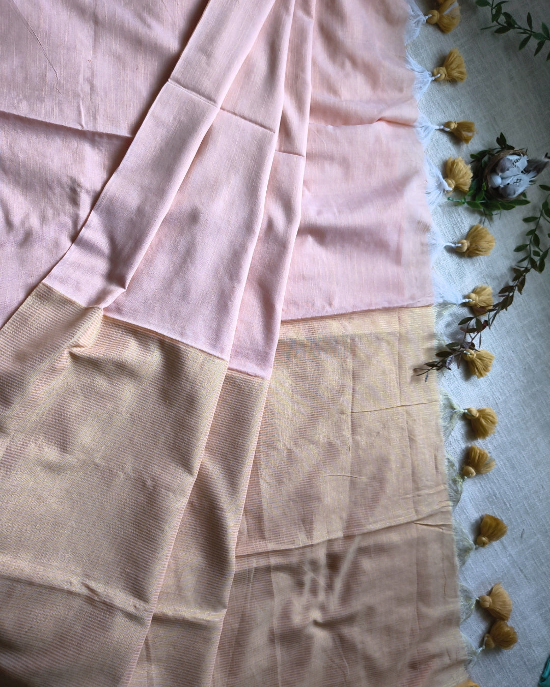 Pure Cottom Handloom Saree with Gold Zari weaving in Half & Half Pattern - Sandal