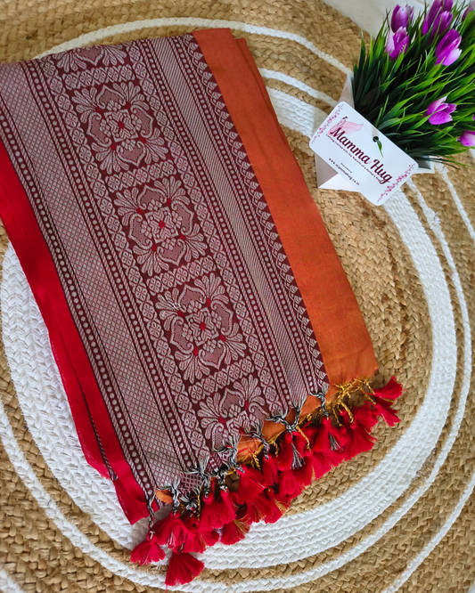 Khadi Tissue Handloom Saree with Thread Woven Border - Orange with Red