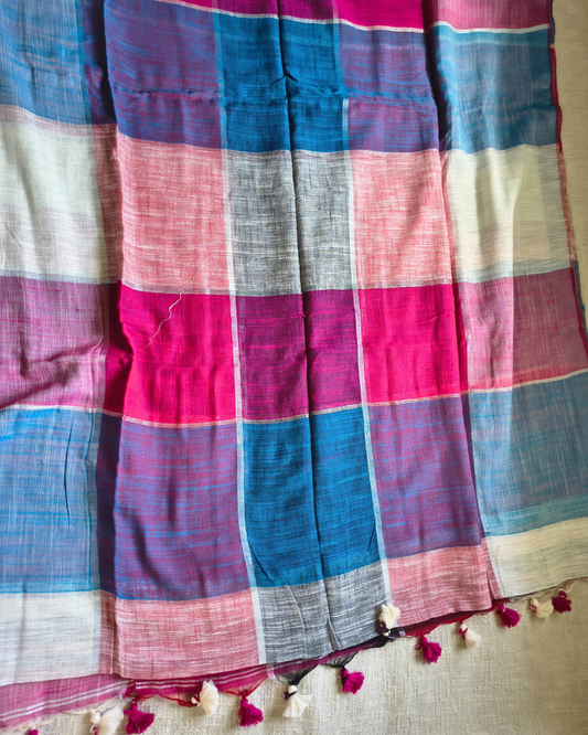 Pure Linen Cotton Handloom Saree Multicolor Checks - Blue & Pink