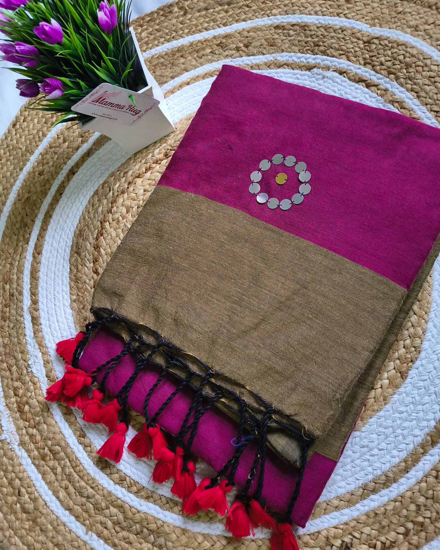 Khadi Cotton Handloom Saree with Mirror design - Olive Grey & Magenta