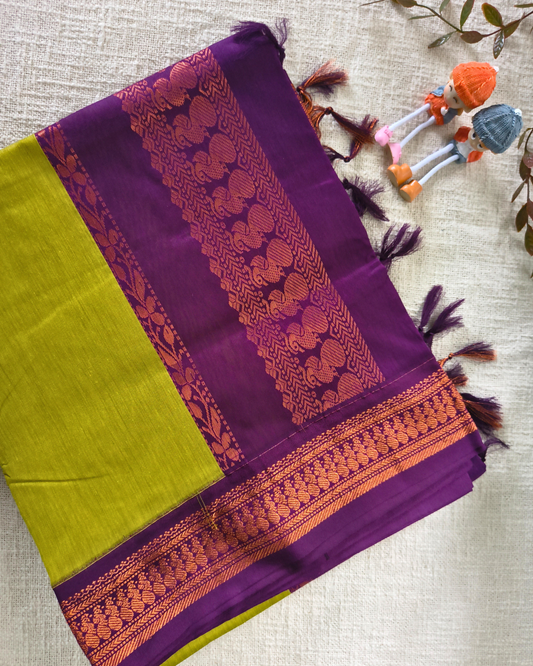 Premium Kalyani Cotton Plain Saree with Zari Border - Parrot Green