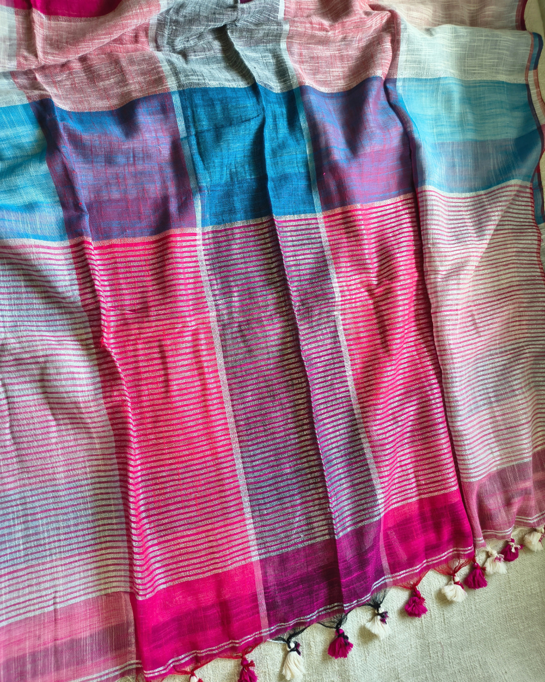 Pure Linen Cotton Handloom Saree Multicolor Checks - Blue & Pink MammaHug