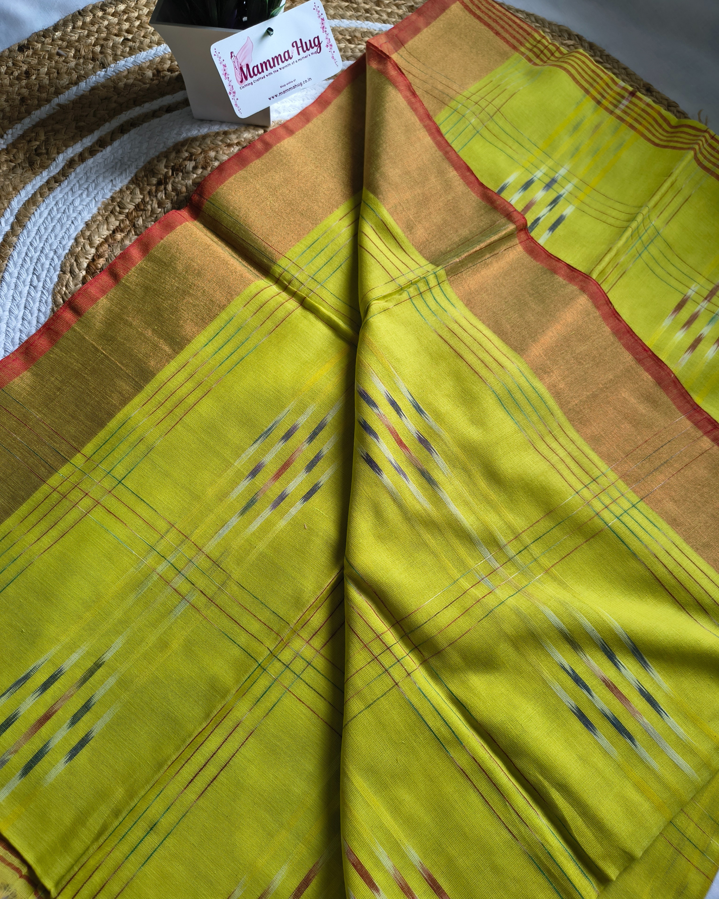 Pure Cotton Handloom Saree with Ikkat Design - Parrot Green