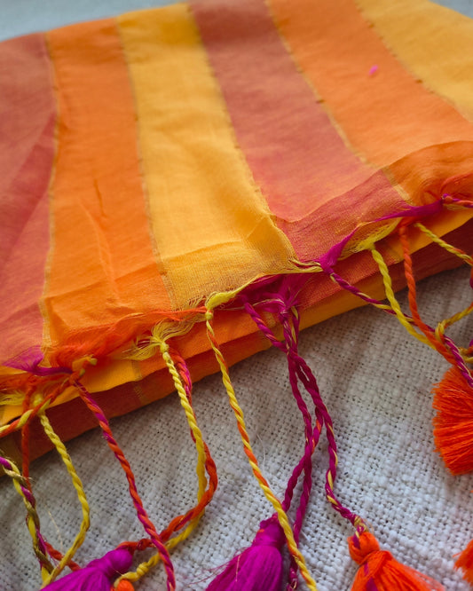 Premium Rainbow Mul Cotton Handloom Saree with Beautiful tassels - Yellow