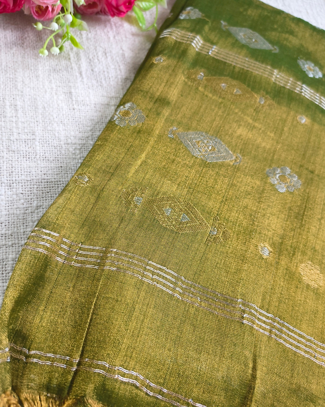 Soft Linen Tissue Saree with Golden Silver Zari weaving - Golden Olive