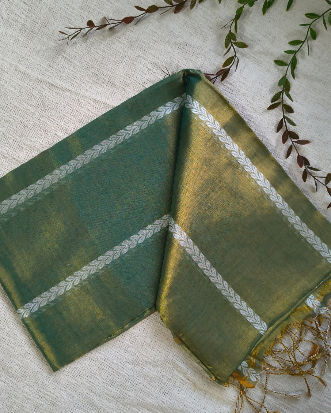 Soft Linen Tissue Saree with Golden Zari weaving - Antique Green