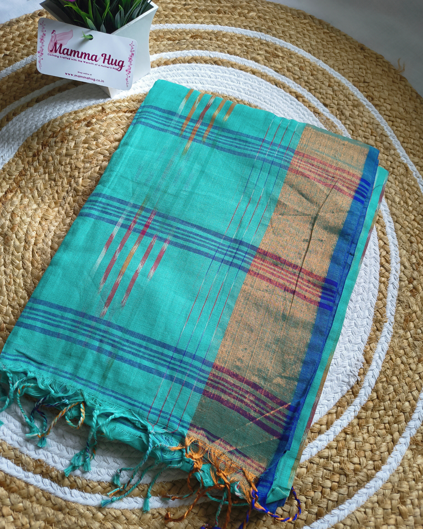 Pure Cotton Handloom Saree with Ikkat Design -Aqua Blue