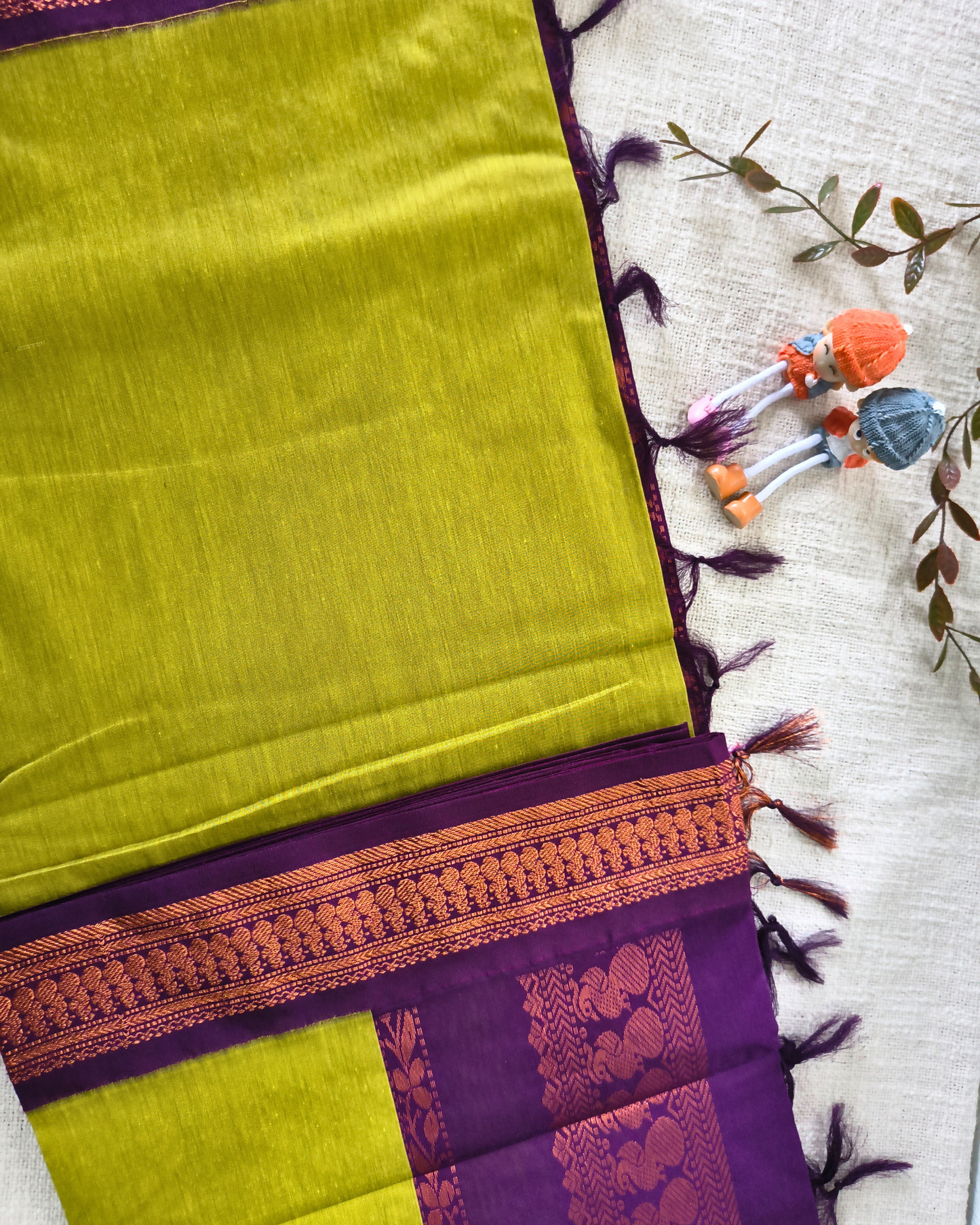 Premium Kalyani Cotton Plain Saree with Zari Border - Parrot Green