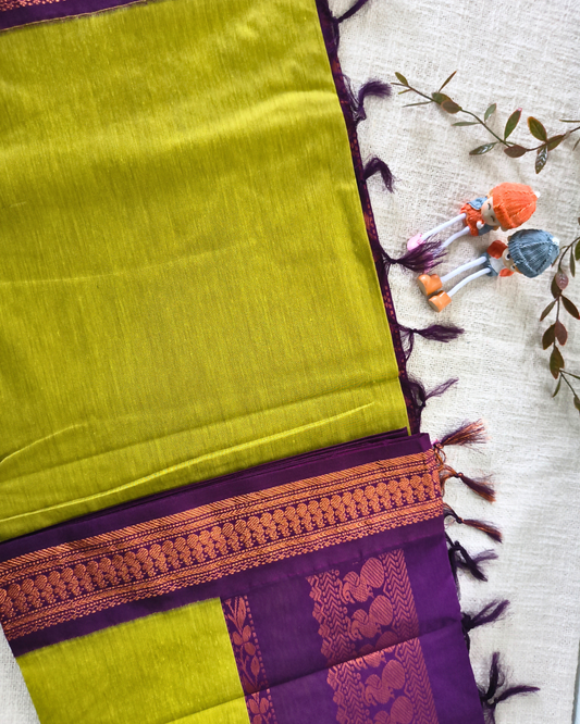 Premium Kalyani Cotton Plain Saree with Zari Border - Parrot Green MammaHug