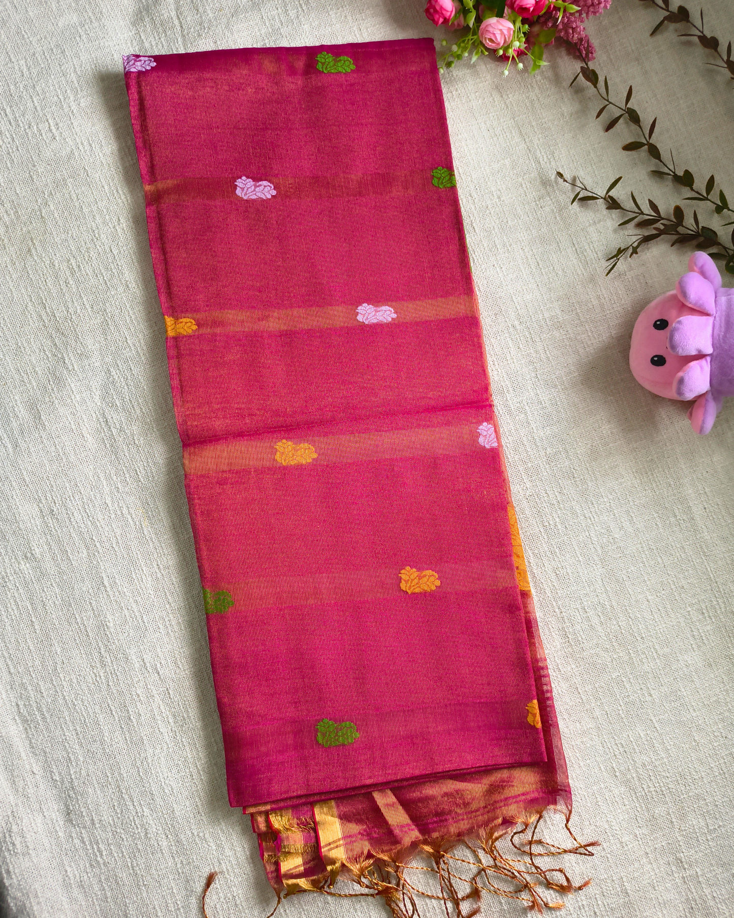 Handloom Tissue Linen with Jamdhani Weaving Buttas - Crimson