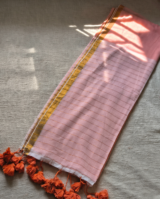 Mul Cotton Handloom Saree with Zari border, Contrast Pallu with zari woven stripes - Peach MammaHug