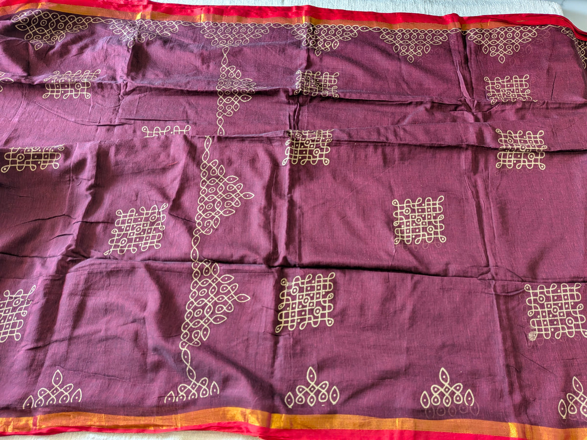Traditional Kolam print on Mul cotton with tassels - Maroon MammaHug