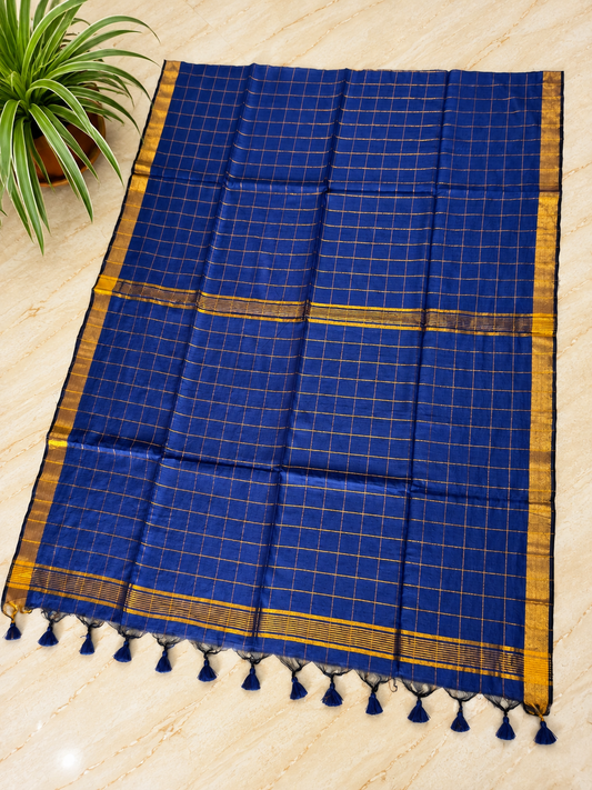 Traditional Big Checks Mul cotton with tassels - Navy Blue MammaHug
